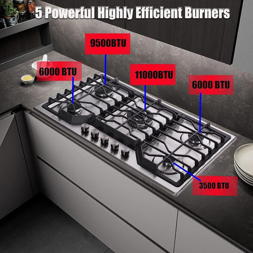 Edendirect 34 in. 5-Burners Recessed Gas Cooktop in Stainless Steel with 5-Power Burners and Double Sides Griddle