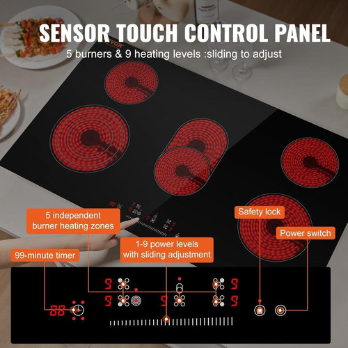 thinkstar Electric Cooktop, 36 inch 5 Burners Built-in Electric Stove Top, 8600W Ceramic Top Radiant Cooktop with Glass Panel, Touch Contr