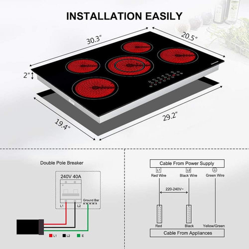 Great Choice Products Electric Cooktop, 30 Inch Built-In Radiant Electric Stove Top, 240V Ceramic Electric Stove With 5 Burners, 9 Heating Level
