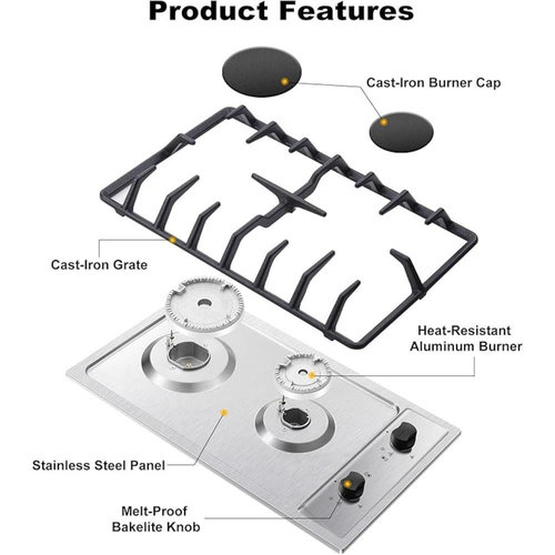 thinkstar 2-Burner Gas Cooktop with Thermocouple Protection - NG/LPG Convertible 12" Stainless Steel Built-in Gas Stove Top for RV, Kitche