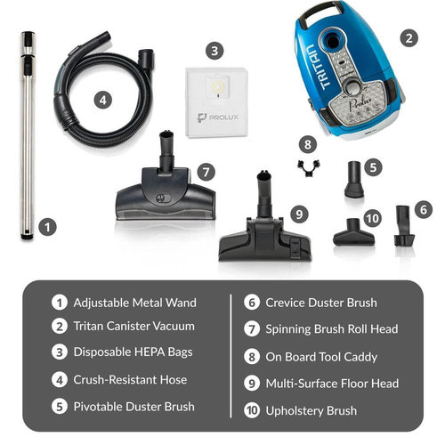 Prolux Tritan Bagged Canister Vacuum Cleaner, HEPA Filtration, Complete Home Care Tool Kit, Pet Hair No More, Adjustable Power S