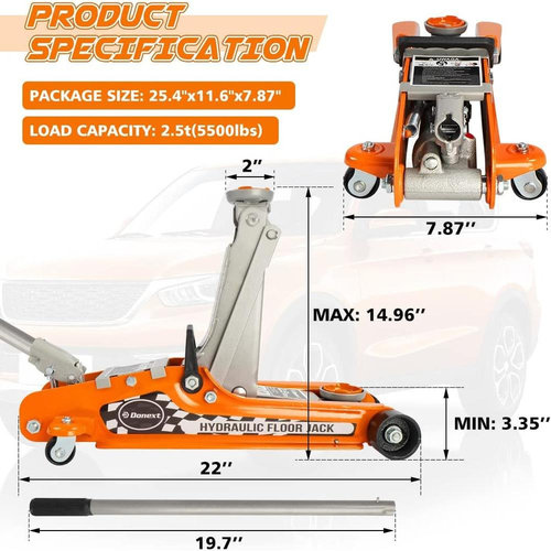 Donext 2.5 Ton Steel Floor Jack, Low Profile Hydraulic Racing Floor Jack with Single Piston Lift Pump, Lifting Range 3-3/8" - 14-