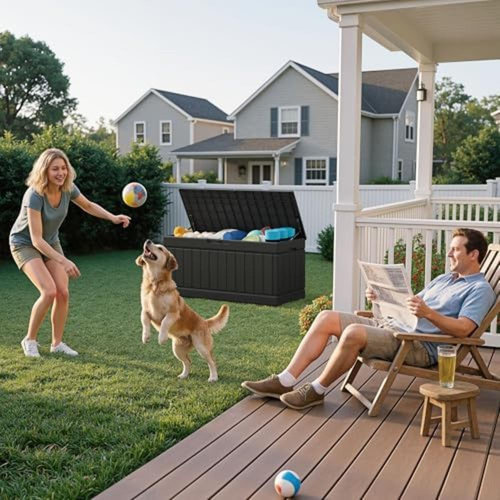 Flamaker Outdoor Storage Box 80 Gallon Resin Waterproof Deck Box Delivery Box with Wood Texture Large Storage Bin for Patio Cushions (Bl