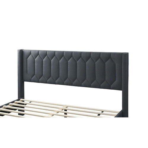 Esofastore Queen Size Bed Burlap Fabric Charcoal 1pc Platform Bed Fully Upholstered Bedframe Unique Tufted HB