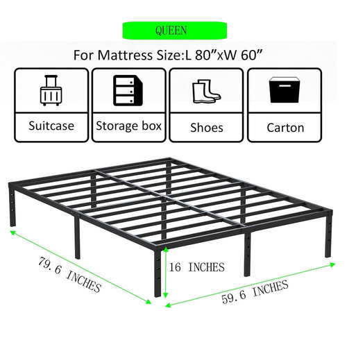 ALDRICH Metal Bed Frame Queen Size - 16 Inch Tall Black Basic Steel Slats Platform, Easy Assembly Heavy Duty Noise Free Bedframe